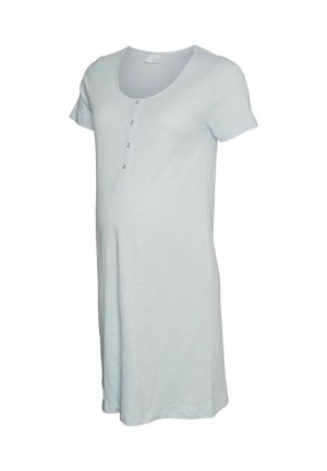 Vestido premamá de manga corta en gris claro con cuello redondo y una tapeta con cuatro botones en la parte delantera.