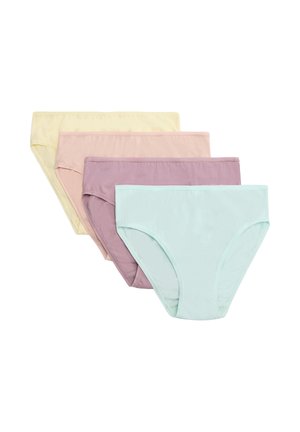 Cuatro pares de bragas de algodón para mujer en azul pastel, malva, rosa y amarillo claro, dispuestas superpuestas sobre un fondo blanco.