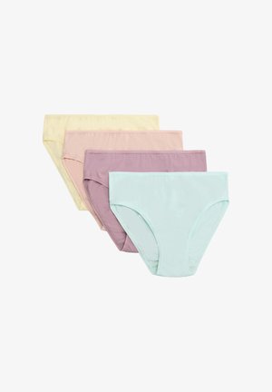 Cuatro pares de bragas de algodón para mujer en azul pastel, malva, rosa y amarillo claro, dispuestas superpuestas sobre un fondo blanco.