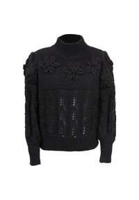 Maglione nero lavorato a maglia con colletto alto, caratterizzato da motivi floreali e disegni testurizzati su maniche e corpo. Orlo e polsini a costine.