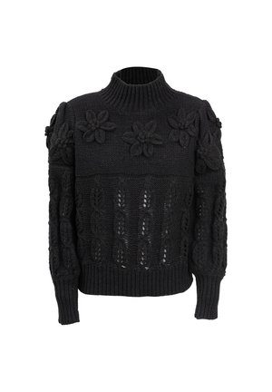 Maglione nero lavorato a maglia con colletto alto, caratterizzato da motivi floreali e disegni testurizzati su maniche e corpo. Orlo e polsini a costine.