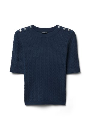 Maglione lavorato a maglia blu navy a maniche corte con un motivo a trecce e dettagli in bottoni argentati sulle spalle. Tessuto morbido e scollo rotondo.