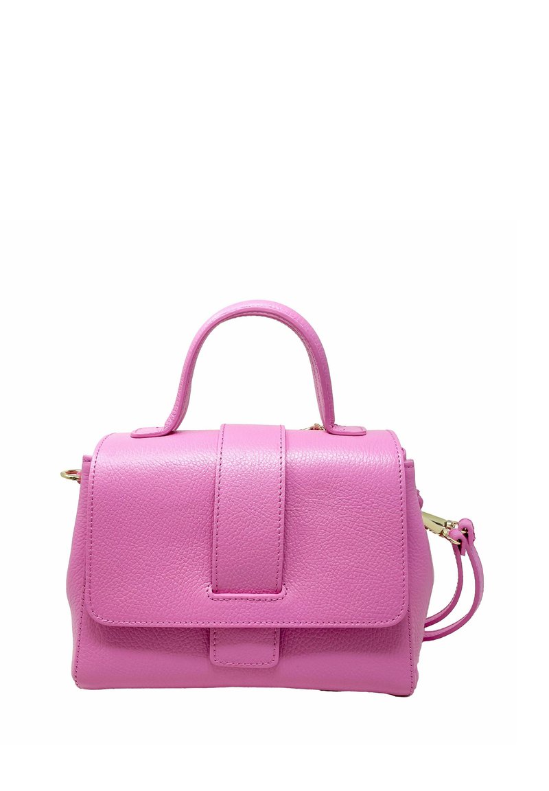 Rosa läderhandväska med en strukturerad design, övre handtag och avtagbar rem. Har en klaffstängning och slät textur.
