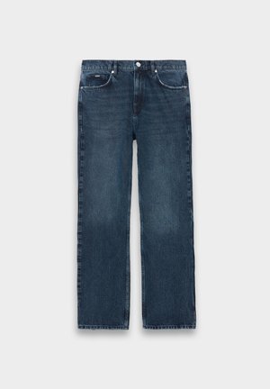Dark blue denim jeans with a straight-leg design, five pockets, and subtle fading. Features a button closure and belt loops.
