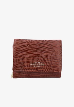 Pruun krokodillimustri kant неп,包括émooth peau, hõbedane logo ja eraldiseisev hili. Kompaktne ristkülikukujuline kuju.