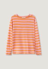 Langärmliges Strickoberteil mit abwechselnd pinken und orangen horizontalen Streifen, breitem Ausschnitt und lockerer Passform. Hergestellt aus weichem Baumwollmischgewebe.