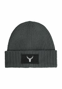 Gray ribbed knit beanie with a folded cuff and a black rectangular patch featuring a white deer skull graphic.