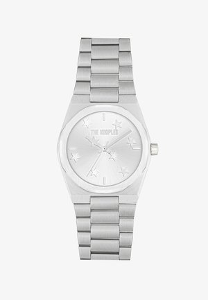 Orologio in acciaio inossidabile argentato con cassa ottagonale, quadrante a motivo stellare e bracciale in metallo spazzolato. Design minimalista, senza numeri.