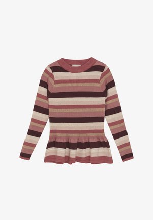 Ribbade långärmade tröja med vinröda, rosa, krämfärgade och gyllene ränder, med en utsvängd peplum-nederkant och rund halsringning.