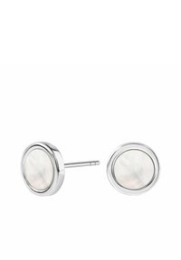 Okrągłe kolczyki wkręty z posrebrzaną oprawą i gładkim, iryzującym środkiem z masy perłowej. Prosty, elegancki design z minimalną ilością elementów.