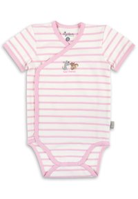Short-sleeve pink and white striped bodysuit with wrap design, featuring a gray animal and brown squirrel illustration with "best friends" text.