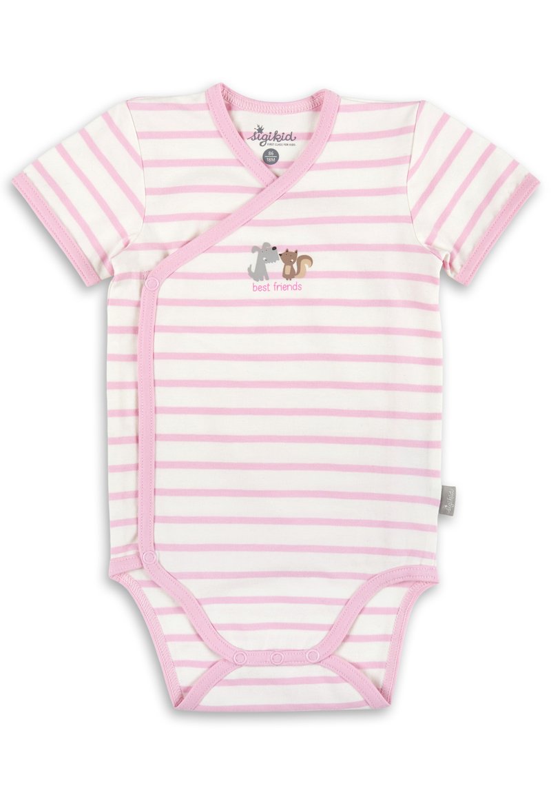 Short-sleeve pink and white striped bodysuit with wrap design, featuring a gray animal and brown squirrel illustration with "best friends" text.