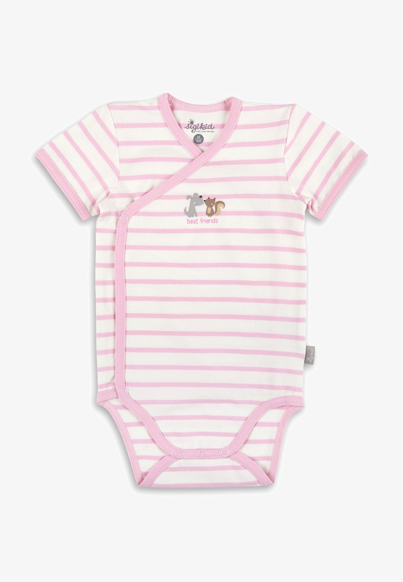 Short-sleeve pink and white striped bodysuit with wrap design, featuring a gray animal and brown squirrel illustration with "best friends" text.