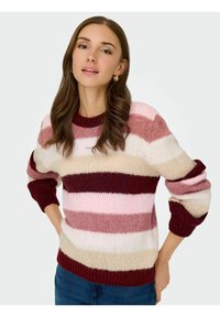 Sweter dzianinowy z szerokimi poziomymi paskami w odcieniach różu, kremu i burgundu. Okrągły dekolt, krótki krój i bufiaste rękawy.