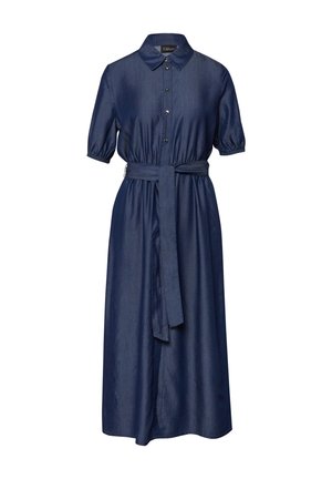 Robe midi bleu marine à manches courtes, à boutons sur le devant, col pointu, taille élastiquée et ceinture assortie en tissu nouée à la taille.