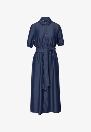 Marineblaues Midikleid mit kurzen Ärmeln, Knopfleiste vorne, spitzem Kragen, elastischem Bund und passendem Stoffgürtel, der in der Taille gebunden ist.