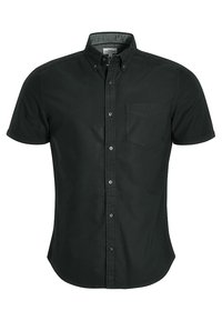 Chemise noire à manches courtes avec boutons en coton. Dispose d'un col, d'une poche avant et d'un ourlet droit. Texture unie et sans motifs.