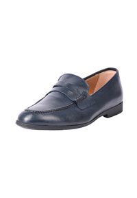 Mocassino in pelle blu scuro con superficie liscia, dotato di una fascia orizzontale sul fronte. Punta arrotondata e tacco in gomma nero basso.