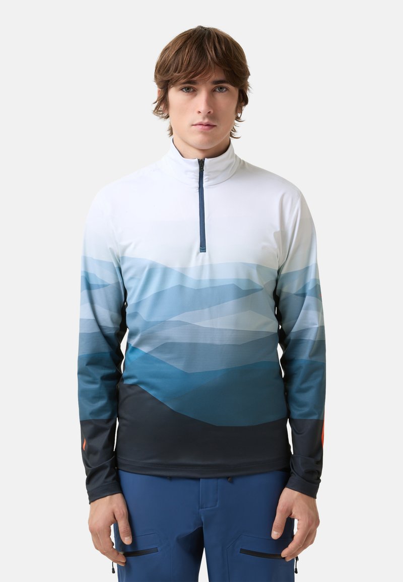 Haut de sport à manches longues avec un col zippé mi-haut. Présente un motif de montagne en dégradé bleu sur un fond blanc, fabriqué à partir d'un matériau léger.