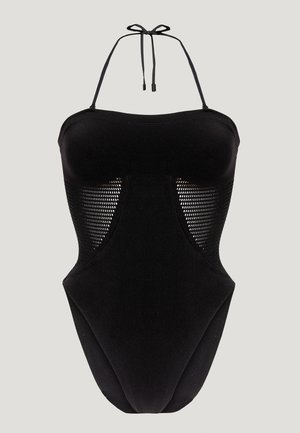 Zwarte éénstuk zwempak met een aansluitende bustier, netten zijpanelen en verstelbare nekstrikken. Glad textuur met een slank, minimalistisch ontwerp.