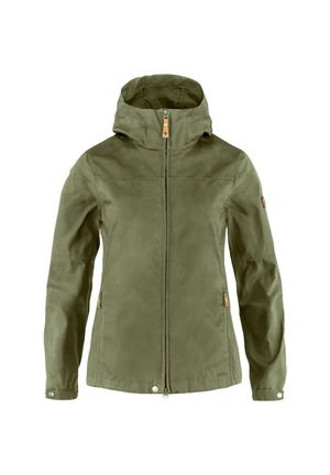 Olive green jacket with a hood, front zipper, and snap closures at the hem. Features two side pockets and a subtle textured finish.