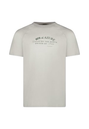 Lichtgrijs T-shirt met korte mouwen, gemaakt van katoen. Heeft een ronde halslijn en een centraal logo in donker groen. Zachte textuur, casual ontwerp.