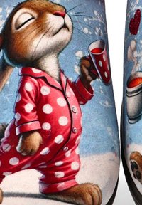 Ilustración de un conejo con un pijama rojo de lunares, sosteniendo una taza roja, sobre un fondo azul nevado con detalles decorativos.