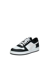 Scarpa sportiva in bianco e nero con punta forata, pannelli lisci e testurizzati, lacci bianchi e suola in gomma nera.