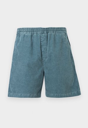 Blue corduroy shorts with elastic waistband and side pockets, displayed flat on a white background.