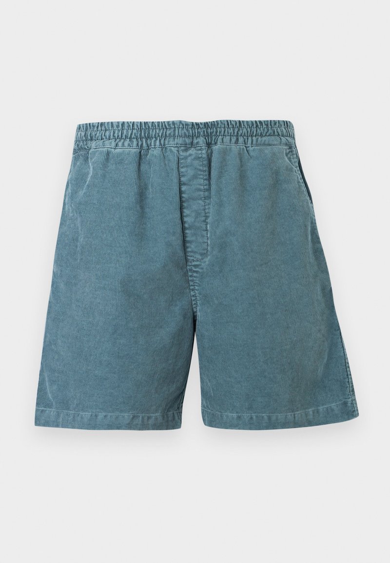 Shorts en velours côtelé bleu avec taille élastique et poches latérales, présentés à plat sur un fond blanc.