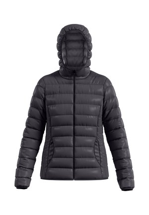 Padded, kaptur z kapturem w ciemnoszarym kolorze, z pikowanym wzorem, z zamkiem błyskawicznym z przodu i bocznymi kieszeniami o gładkiej teksturze.