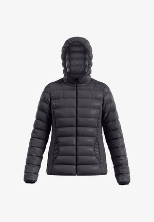 Padded, kaptur z kapturem w ciemnoszarym kolorze, z pikowanym wzorem, z zamkiem błyskawicznym z przodu i bocznymi kieszeniami o gładkiej teksturze.