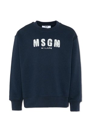 Granatowa bluza z okrągłym dekoltem z białym napisem "MSGM MILANO" na piersi, z długimi rękawami oraz ściągaczami na mankietach i u dołu.