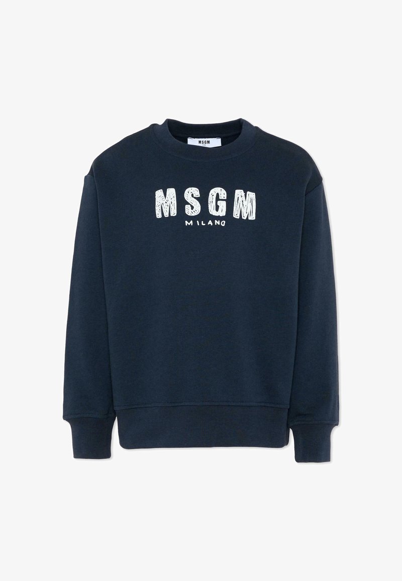 Sweat-shirt bleu marine à col rond avec l'inscription blanche "MSGM MILANO" sur la poitrine, manches longues, poignets et ourlet côtelés.
