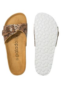 Sandali in pelle marrone con una fascia testurizzata decorata da motivi floreali, fibbia in bronzo e soletta marrone imbottita. Suola bianca e decorata.