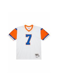 Weißes Fußballtrikot mit blauer Nummer 7, orangefarbene Ärmel mit blauen und weißen Streifen sowie einem orangefarbenen Kragen.