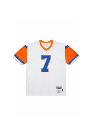 Weißes Fußballtrikot mit blauer Nummer 7, orangefarbene Ärmel mit blauen und weißen Streifen sowie einem orangefarbenen Kragen.