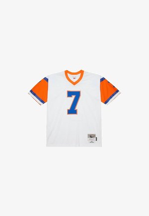 White football jersey with blue number 7, orange sleeves with blue and white stripes, and an orange collar.