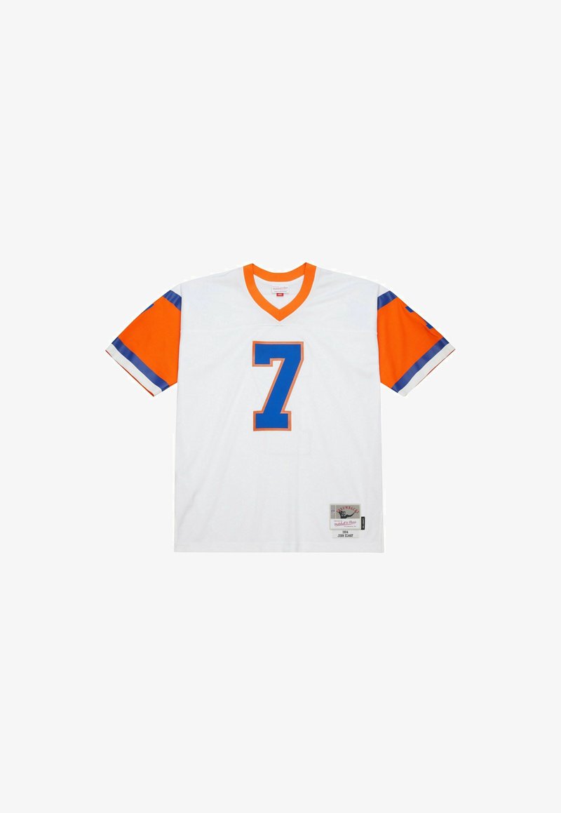 Weißes Fußballtrikot mit blauer Nummer 7, orangefarbene Ärmel mit blauen und weißen Streifen sowie einem orangefarbenen Kragen.