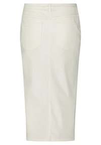 Jupe crayon en denim blanc avec une silhouette ajustée, poches arrière, couture discrète et une coupe au genou. Textured lisse.