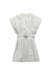 Hellbeiges Kleid mit kurzen, weiten Ärmeln, tiefem V-Ausschnitt, tailliertem Bund und plissiertem Rock. Hergestellt aus einem glatten, leichten Material.