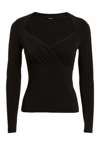 Haut noir à manches longues ajusté avec un large col en V et un détail froncé sur la poitrine.