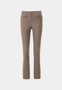 Bruine slim fitbroek met twee voorzakken met rits, gemaakt van rekbare stof, met een rechte pijp en een gladde textuur.