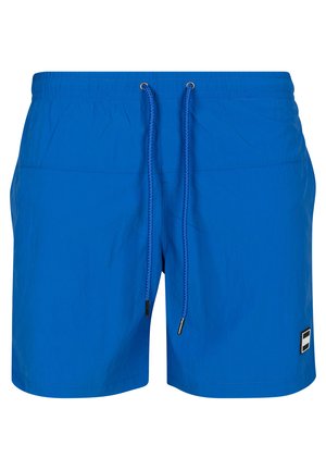 Pantaloni scurți de baie albaștri strălucitori, confecționați dintr-un material ușor, având o talie elastică cu șnur și un detaliu mic cu logo pe partea stângă.