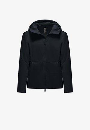 Zwarte hoodie met volledige ritssluiting aan de voorkant, lange mouwen en zijzakken, ontworpen voor buitengebruik.