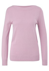 Pull en maille rose clair à manches longues avec encolure, poignets et ourlet côtelés, présenté sur fond blanc.