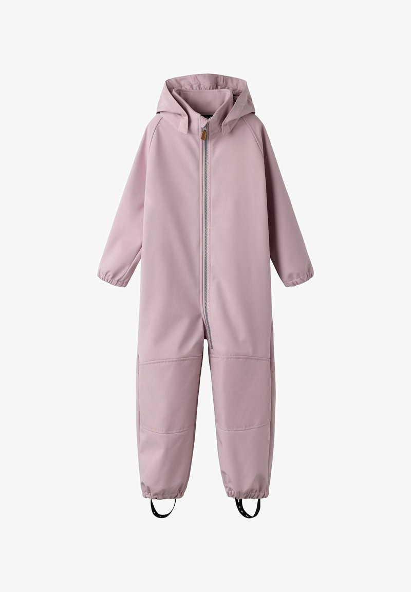 Combinaison imperméable pour enfants de couleur violet clair avec capuche, fermeture éclair frontale, poignets élastiques, genoux renforcés et brides pour les pieds.