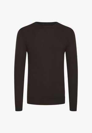 Črn pleten pulover s okroglim ovratnikom, dolgimi rokavi, rebrastimi manšeti in dnom ter gladko teksturo. Ima majhen logotip na dnu.