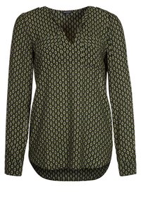 Blusa a maniche lunghe di colore verde oliva con motivo ovale viola e bianco, scollatura a V e orlo leggermente arrotondato.