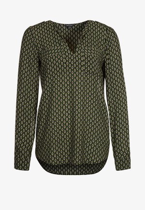 Halenka s dlouhým rukávem, olivově zelená, s fialovým a bílým oválným vzorem, s výstřihem do V a mírně zaobleným lemem.